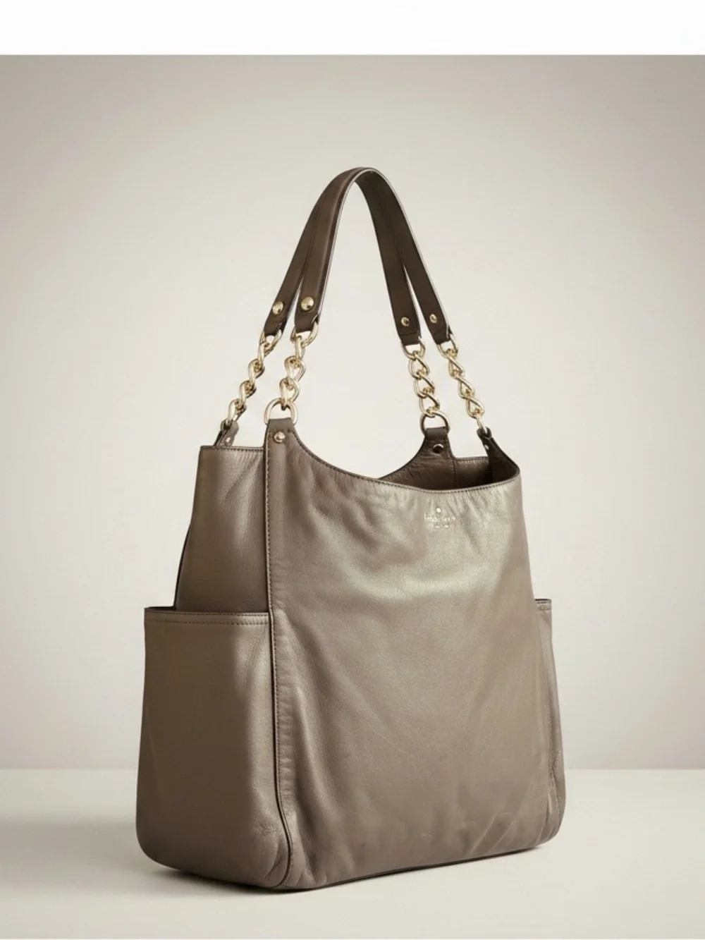 ✨ Kate Spade Taupe Pebbled Leather Chain Tote Large Neutral Shoulder Bag